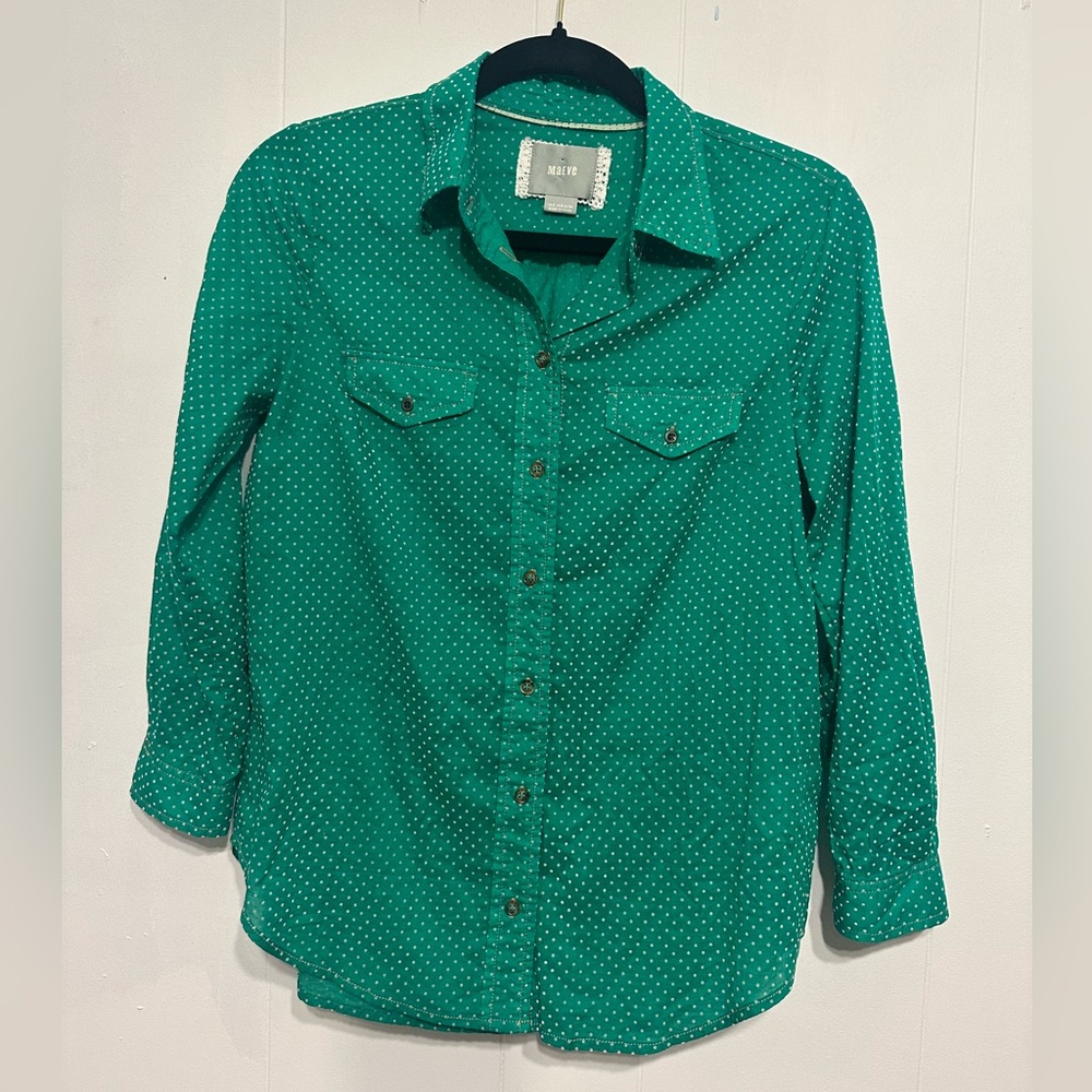 Anthropologie MAEVE Green Polka Dot Button Up Shirt with Button/Thread Details